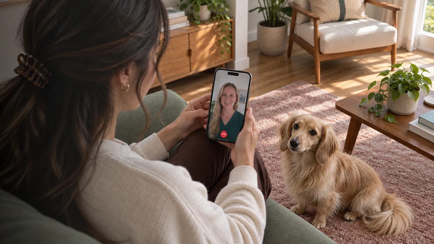 A woman on a video call with an Everfur vet while her dachshund sits on the rug beside her