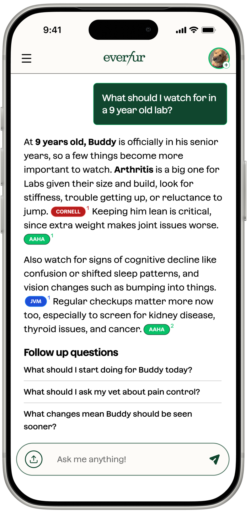 Everfur app showing a personalized chat answer about a pet’s health with cited sources