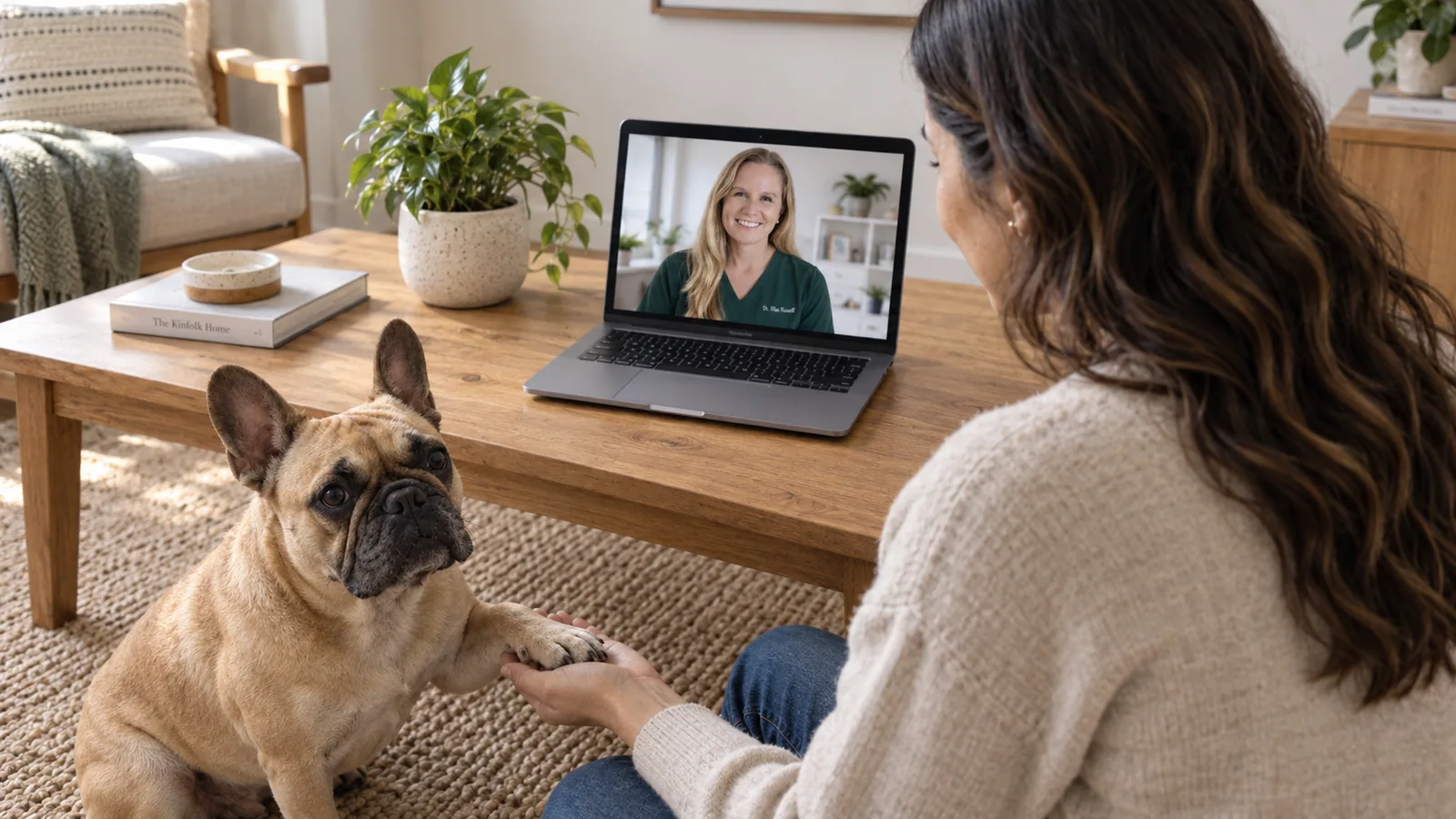 A woman on a laptop video call with Dr. Ellen Russell while her French bulldog rests a paw on her hand